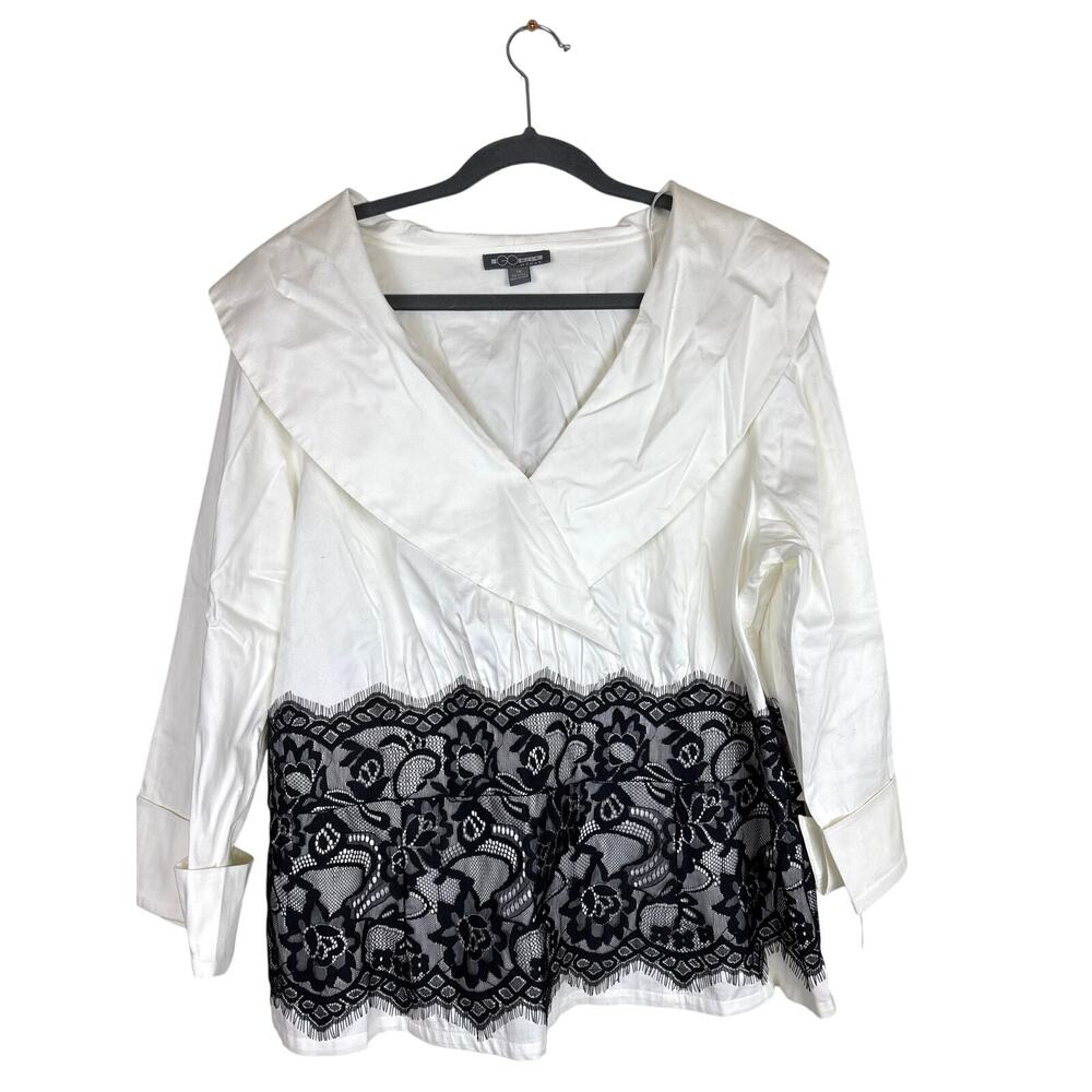 Go Silk Womens Plus 1X White Black Lace Overlay Blouse Long Sleeve Designer NWT